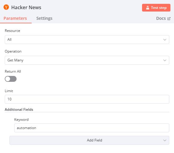Hacker News节点参数配置