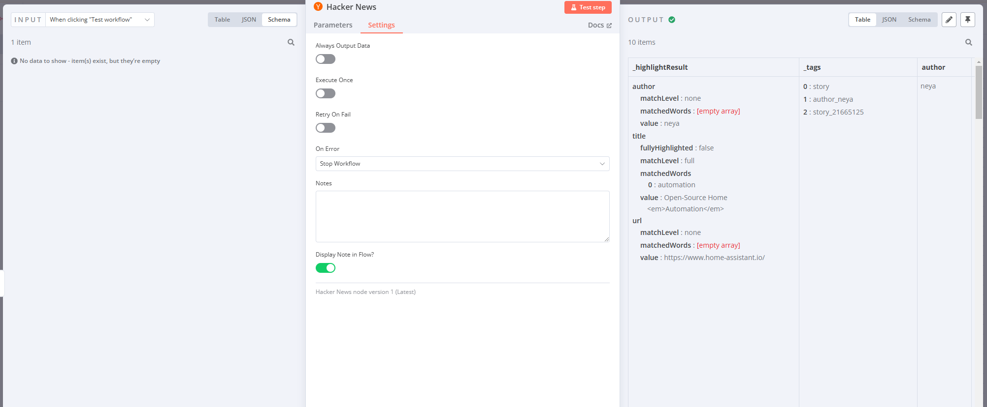 Hacker News 节点在表格视图中的结果
