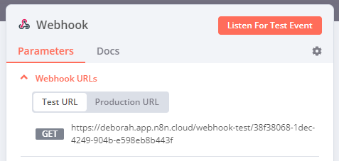 Webhook 节点参数选项卡中显示的示例 Webhook URL,包含测试 URL 和生产 URL